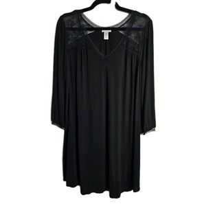 Eberjey Womens Lace V Neck A Line Night Gown Black Sz M Modal 3/4 Sleeve Flowy